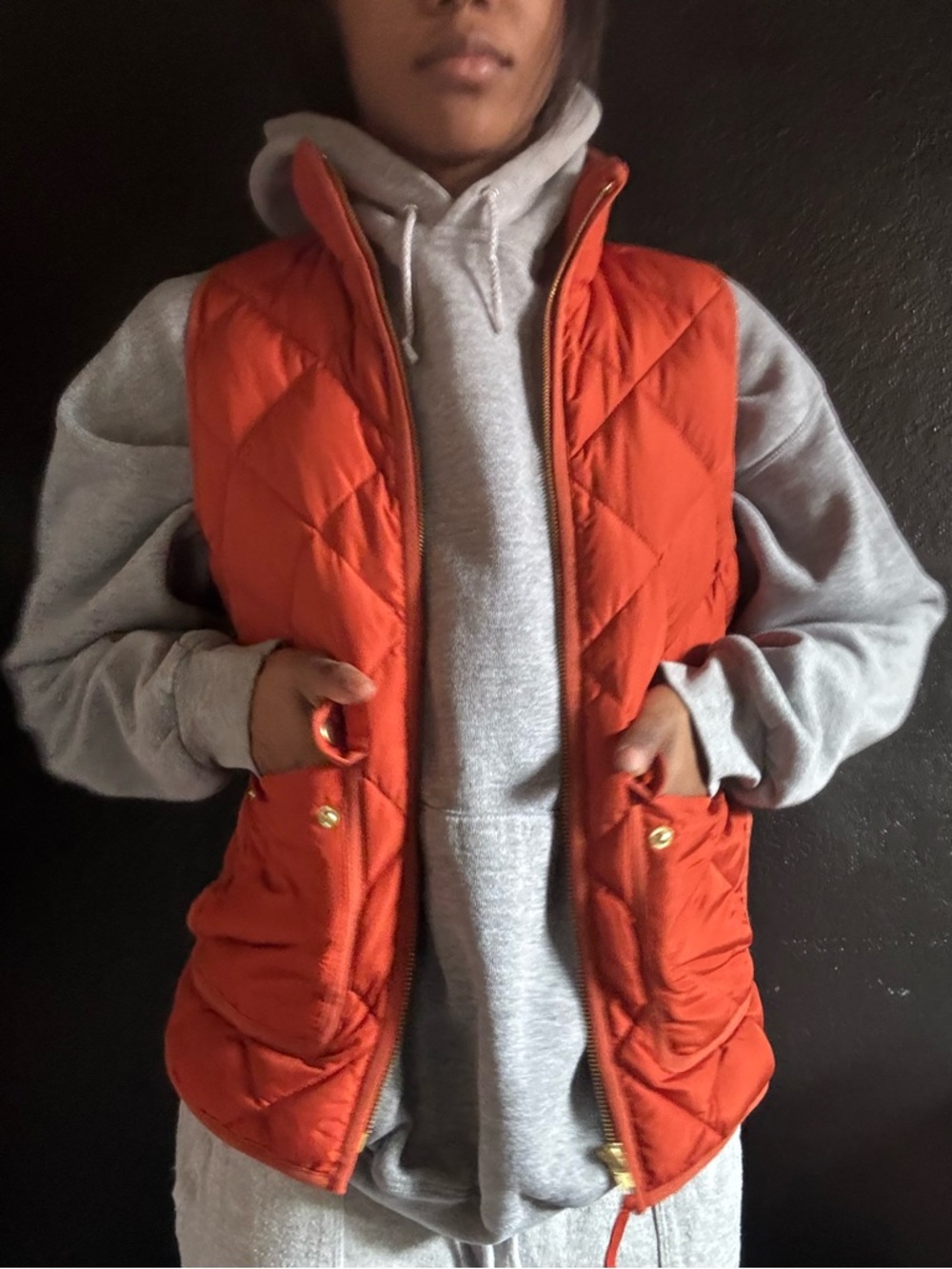 J. Crew Quilted Puffer Vest in Orange with Gold Hardware